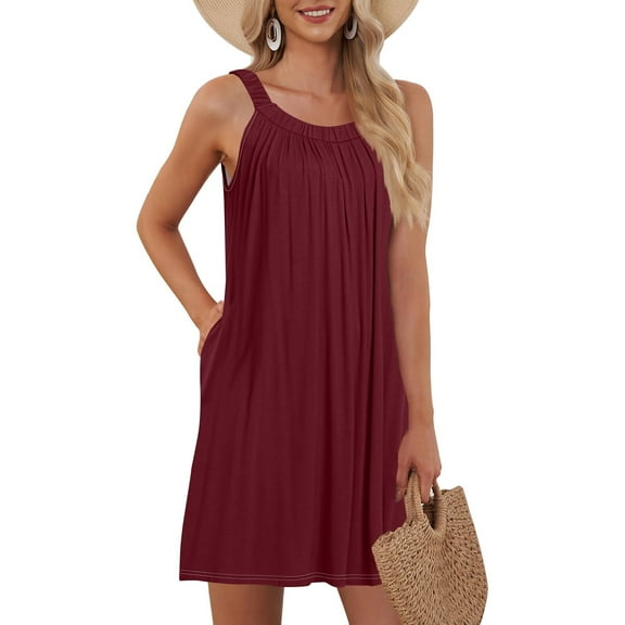 WTOBBY Women's Beach Vest Casual Summer Sleeveless Dress with Pocket Straps Solid Color for Swim Cover-Up and Lightweight Wear,Wine XL