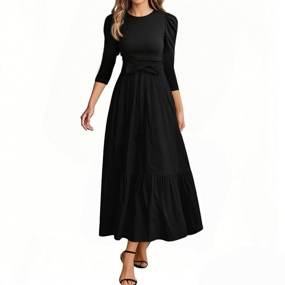 WTOBBY Women's Belted Round Neck Solid Color Spliced 3/4 Sleeve Dress, Elegant Casual Tunic Style Midi Dress with Comfort Fit for Summer Days,Black L