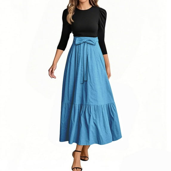 WTOBBY Women's Belted Round Neck Solid Color Spliced 3/4 Sleeve Dress, Elegant Casual Tunic Style Midi Dress with Comfort Fit for Summer Days,Blue M