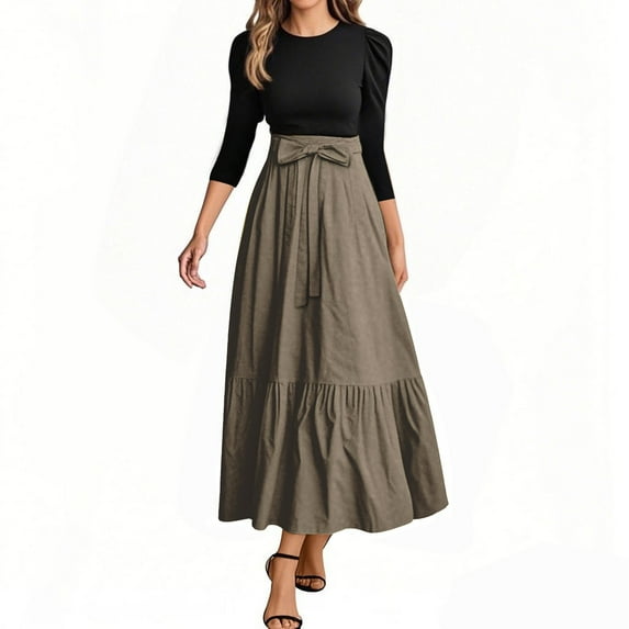 WTOBBY Women's Belted Round Neck Solid Color Spliced 3/4 Sleeve Dress, Elegant Casual Tunic Style Midi Dress with Comfort Fit for Summer Days,Brown S