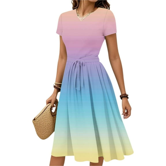 WTOBBY Women's Belted Waist Gradient Floral Print Short Sleeve Round Neck Casual Elegant Summer Dress,Blue XL