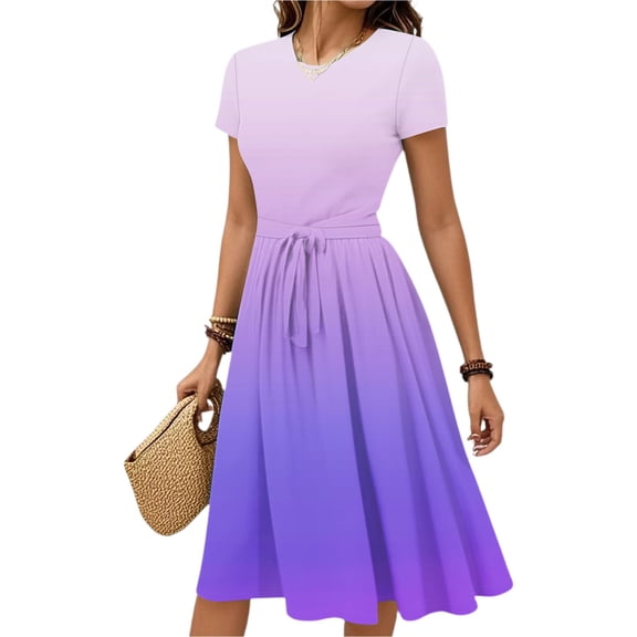 WTOBBY Women's Belted Waist Gradient Floral Print Short Sleeve Round Neck Casual Elegant Summer Dress,Pink XL