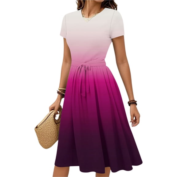WTOBBY Women's Belted Waist Gradient Floral Print Short Sleeve Round Neck Casual Elegant Summer Dress,Purple XL