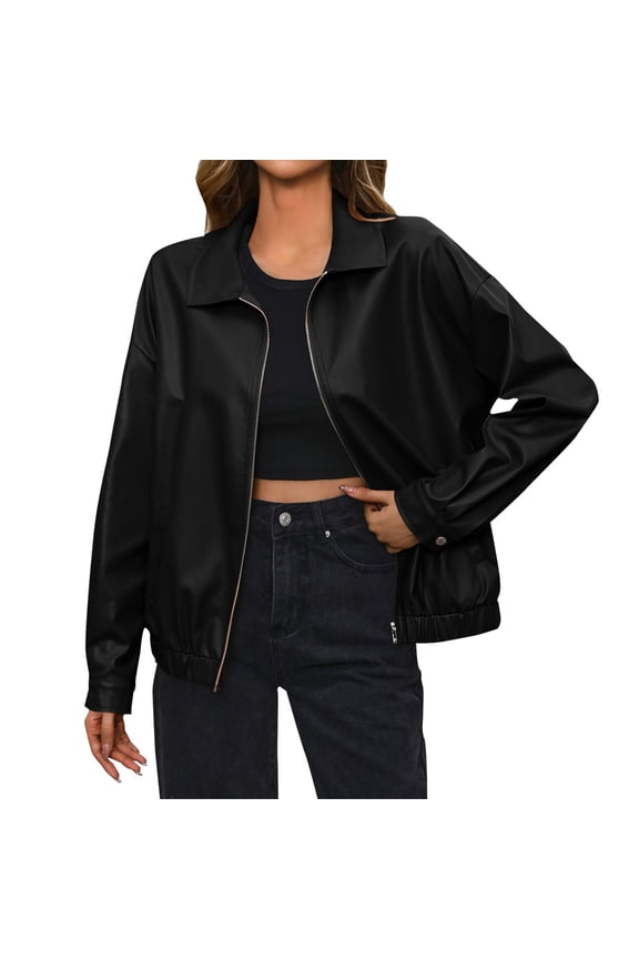 Women's Biker Style Faux Leather Jacket Short Coat Zippered Front Stand Collar Casual Outerwear Solid Color Edgy Look for Concert Night,Black M