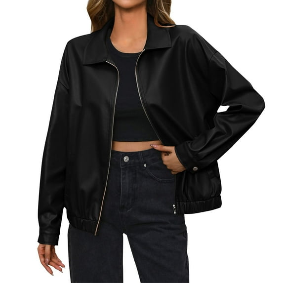 WTOBBY Women's Biker Style Faux Leather Jacket Short Coat Zippered Front Stand Collar Casual Outerwear Solid Color Edgy Look for Concert Night,Black S