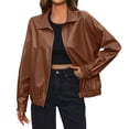 thumbnail image 1 of WTOBBY Women's Biker Style Faux Leather Jacket Short Coat Zippered Front Stand Collar Casual Outerwear Solid Color Edgy Look for Concert Night,Brown M, 1 of 7