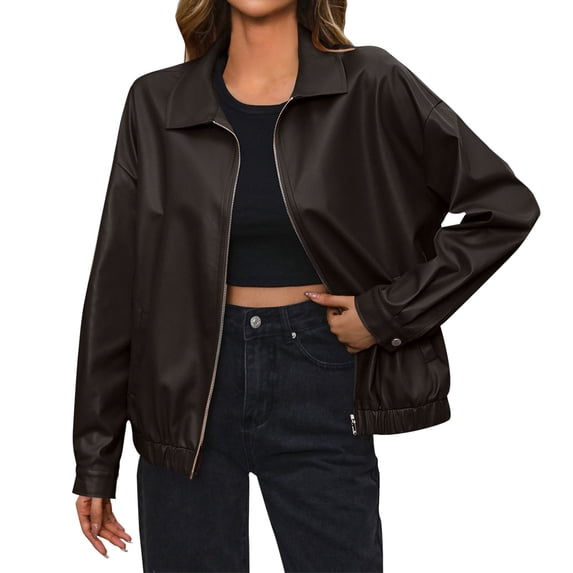WTOBBY Women's Biker Style Faux Leather Jacket Short Coat Zippered Front Stand Collar Casual Outerwear Solid Color Edgy Look for Concert Night,Coffee L
