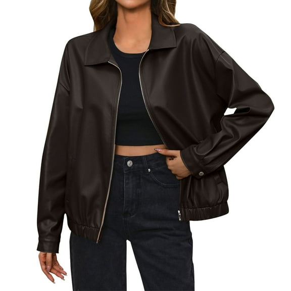 WTOBBY Women's Biker Style Faux Leather Jacket Short Coat Zippered Front Stand Collar Casual Outerwear Solid Color Edgy Look for Concert Night,Coffee M