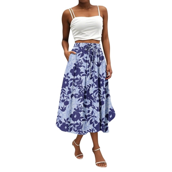 WTOBBY Women's Bohemian Floral Pocket Skirt Solid Color High Waist Maxi Skirt Casual Beach Skirt with Elastic Waist Drawstring Tiered Flowy Long Skirt for Summer,Dark Blue S