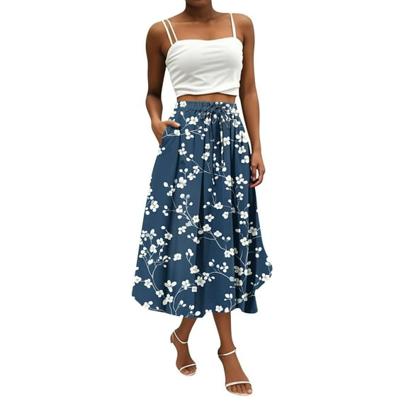 WTOBBY Women's Bohemian Floral Pocket Skirt Solid Color High Waist Maxi Skirt Casual Beach Skirt with Elastic Waist Drawstring Tiered Flowy Long Skirt for Summer,Royal Blue S