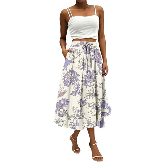 WTOBBY Women's Bohemian Floral Pocket Skirt Solid Color High Waist Maxi Skirt Casual Beach Skirt with Elastic Waist Drawstring Tiered Flowy Long Skirt for Summer,Beige L
