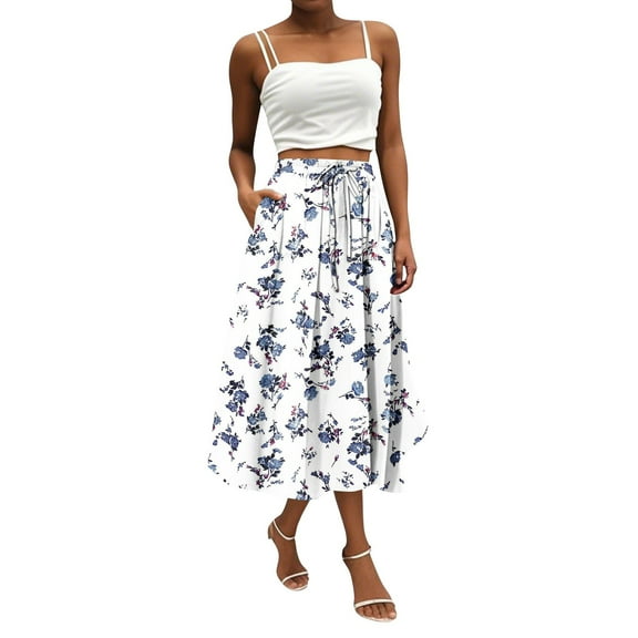 WTOBBY Women's Bohemian Floral Pocket Skirt Solid Color High Waist Maxi Skirt Casual Beach Skirt with Elastic Waist Drawstring Tiered Flowy Long Skirt for Summer,White S