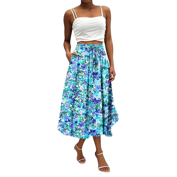 WTOBBY Women's Bohemian Floral Print Casual Skirt with Secure Side Pocket, Temperament Style Skirt for Everyday Wear Boho Fashion and Music Festivals,Sky Blue S