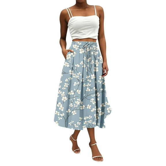 WTOBBY Women's Bohemian Floral Print Pocket Skirt Solid Color High Waist Maxi Skirt Casual Beach Skirt with Elastic Waist Drawstring Tiered Flowy Long Skirt,Cyan L