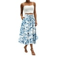 thumbnail image 1 of WTOBBY Women's Bohemian Floral Print Pocket Skirt Solid Color High Waist Maxi Skirt Casual Beach Skirt with Elastic Waist Drawstring Tiered Flowy Long Skirt,Blue L, 1 of 4