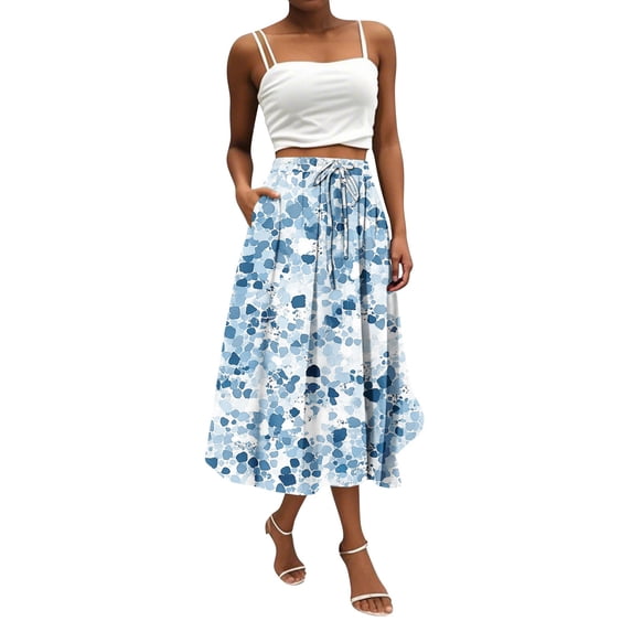 WTOBBY Women's Bohemian Floral Print Pocket Skirt Solid Color High Waist Maxi Skirt Casual Beach Skirt with Elastic Waist Drawstring Tiered Flowy Long Skirt,Blue L