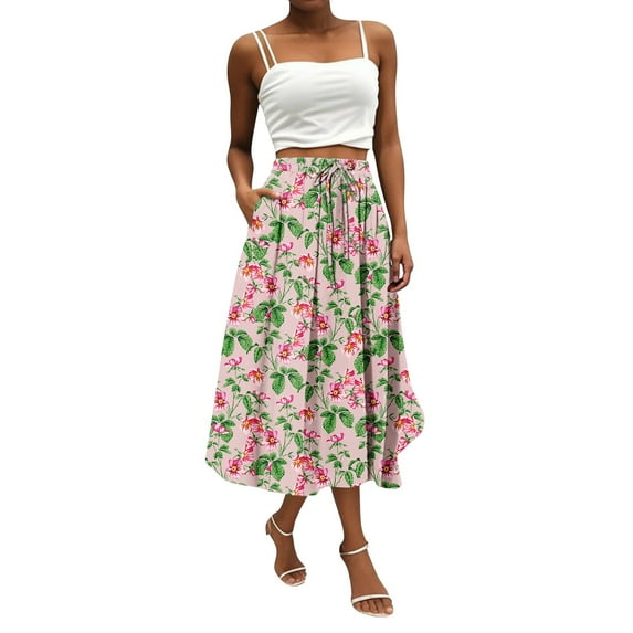 WTOBBY Women's Bohemian Floral Print Pocket Skirt Solid Color High Waist Maxi Skirt Casual Beach Skirt with Elastic Waist Drawstring Tiered Flowy Long Skirt,Pink XL