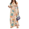 thumbnail image 1 of WTOBBY Women's Bohemian Floral Print V-Neck 3/4 Sleeve Cocktail Dress, Ruffle Detail Party Midi Sundress for Spring Summer Boho Chic Style,Beige L, 1 of 4
