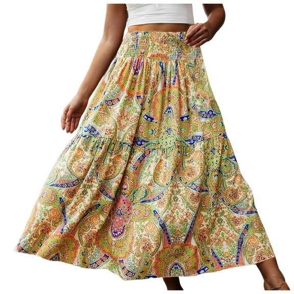 WTOBBY Women's Bohemian Print Smocked Floral Maxi Skirt with Loose High Waist and Big Swing, Summer Beach A-Line Pleated Long Skirt for Casual Vacation Wear,Yellow XL