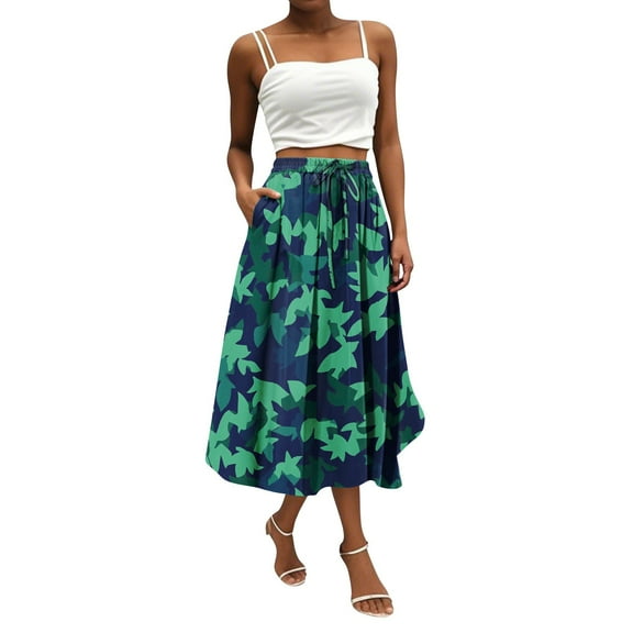 WTOBBY Women's Bohemian Skirt Floral Print Casual with Spacious Pocket, Temperament Wear Skirt for Vacation Beach Strolls Daily Activities and Sunset Dinners,Army Green L