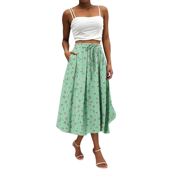 WTOBBY Women's Bohemian Skirt Floral Print Casual with Spacious Pocket, Temperament Wear Skirt for Vacation Beach Strolls Daily Activities and Sunset Dinners,Fluorescent Green S