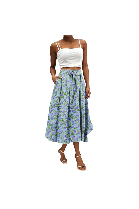 Women's Bohemian Skirt Floral Print Casual with Spacious Pocket, Temperament Wear Skirt for Vacation Beach Strolls Daily Activities and Sunset Dinners,Gray L