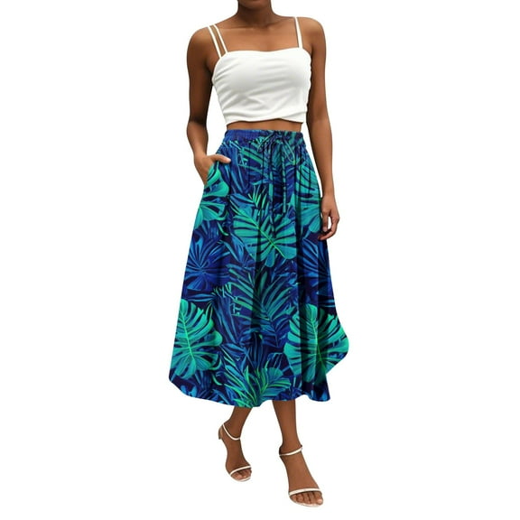 WTOBBY Women's Bohemian Skirt Floral Print Casual with Spacious Pocket, Temperament Wear Skirt for Vacation Beach Strolls Daily Activities and Sunset Dinners,Navy S