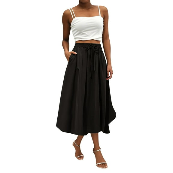 WTOBBY Women's Bohemian Solid Color Pocket Skirt Casual High Waist Maxi Skirt with Elastic Waist Drawstring Tiered Flowy Long Skirt for Summer Beach,Black S