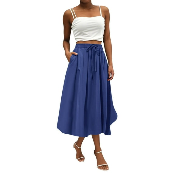 WTOBBY Women's Bohemian Solid Color Pocket Skirt Casual High Waist Maxi Skirt with Elastic Waist Drawstring Tiered Flowy Long Skirt for Summer Beach,Dark Blue XL