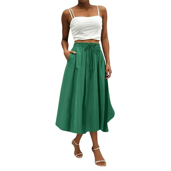 WTOBBY Women's Bohemian Solid Color Pocket Skirt Casual High Waist Maxi Skirt with Elastic Waist Drawstring Tiered Flowy Long Skirt for Summer Beach,Green S