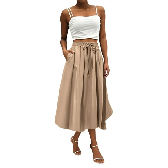 WTOBBY Women's Bohemian Solid Color Pocket Skirt Casual High Waist Maxi Skirt with Elastic Waist Drawstring Tiered Flowy Long Skirt for Summer Beach,Khaki L