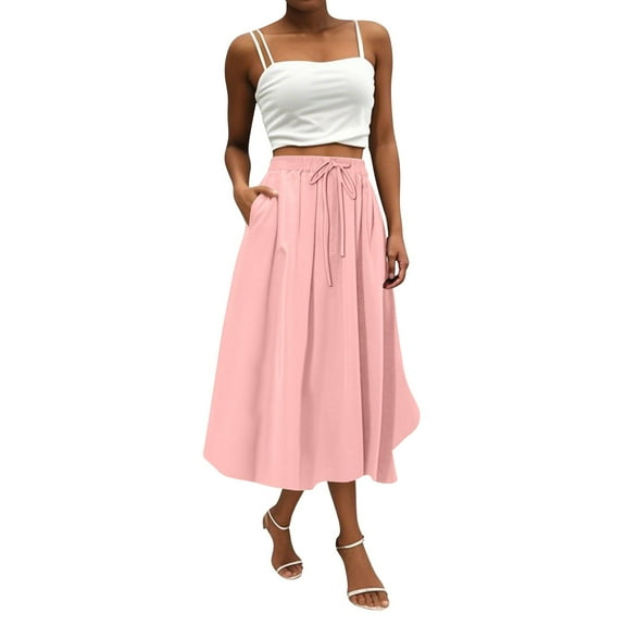WTOBBY Women's Bohemian Solid Color Pocket Skirt Casual High Waist Maxi Skirt with Elastic Waist Drawstring Tiered Flowy Long Skirt for Summer Beach,Pink S