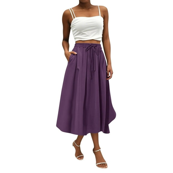 WTOBBY Women's Bohemian Solid Color Pocket Skirt Casual High Waist Maxi Skirt with Elastic Waist Drawstring Tiered Flowy Long Skirt for Summer Beach,Purple L
