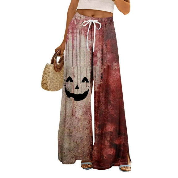 WTOBBY Women's Bohemian Summer Palazzo Pants Featuring High Waist, Wide Leg Silhouette, Halloween Print, Elastic Drawstring and Pockets for Resort Wear and Casual Outings,Vermilion S
