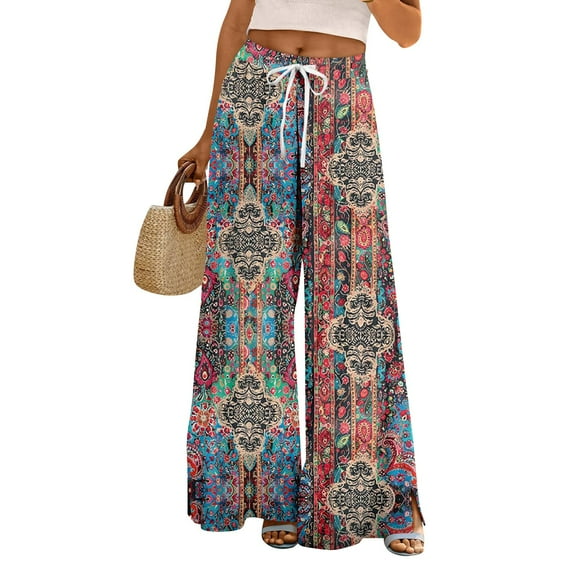 WTOBBY Women's Boho Floral Print Wide Leg Palazzo Pants Featuring High Waist Elastic Drawstring Side Pockets and Casual Summer Comfort ,Blue S