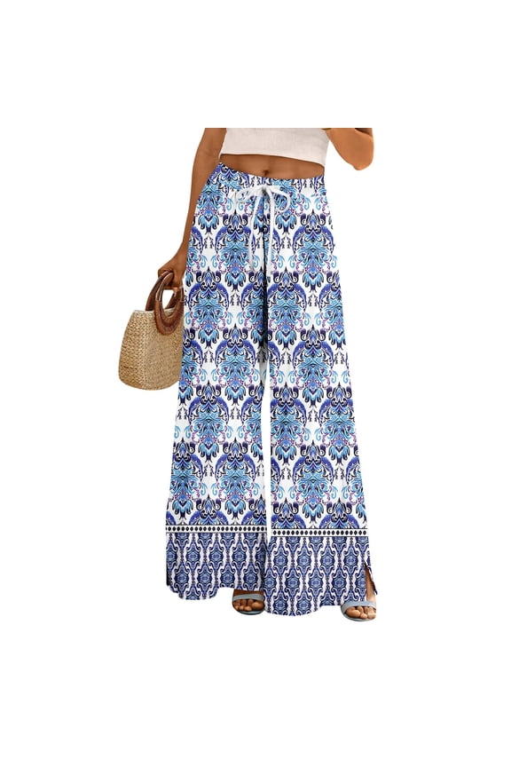 Women's Boho Floral Print Wide Leg Palazzo Pants Featuring High Waist Elastic Drawstring Side Pockets and Casual Summer Comfort ,Light Blue XL