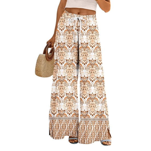 WTOBBY Women's Boho Floral Print Wide Leg Palazzo Pants Featuring High Waist Elastic Drawstring Side Pockets and Casual Summer Comfort ,Yellow S