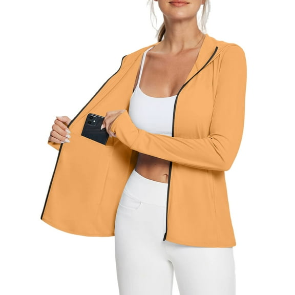 WTOBBY Women's Breathable Hooded Sun Protection Shirt - Long Sleeve Ice Silk UV Jacket with Face Cover for Outdoor Summer Hiking, Travel and Daily Use ,Orange L