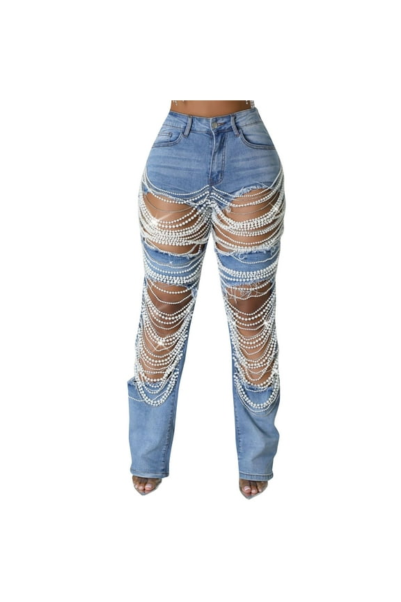Women's Broken Hole Heavy Industry Nail Bead Stretch Denim Pants, Edgy and Trendy Jeans for a Bold Look, Unique Design with Embellished Details,Blue L