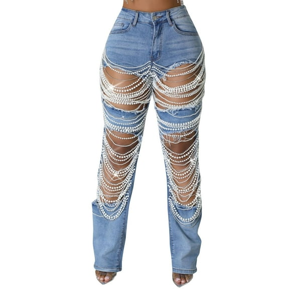 WTOBBY Women's Broken Hole Heavy Industry Nail Bead Stretch Denim Pants, Edgy and Trendy Jeans for a Bold Look, Unique Design with Embellished Details,Blue S