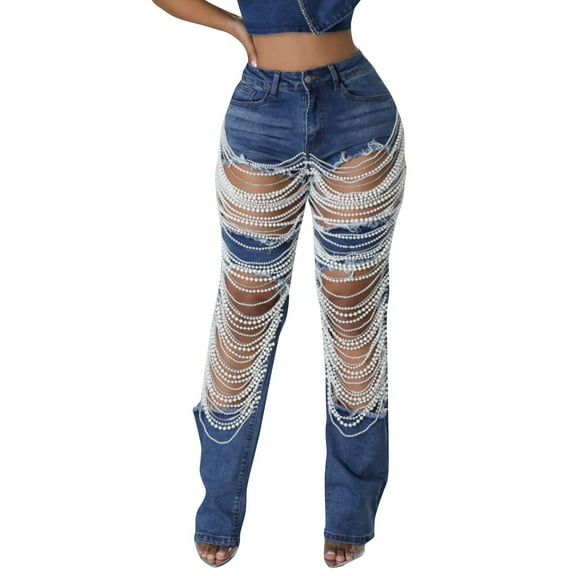 WTOBBY Women's Broken Hole Heavy Industry Nail Bead Stretch Denim Pants, Edgy and Trendy Jeans for a Bold Look, Unique Design with Embellished Details,Dark Blue 3XL