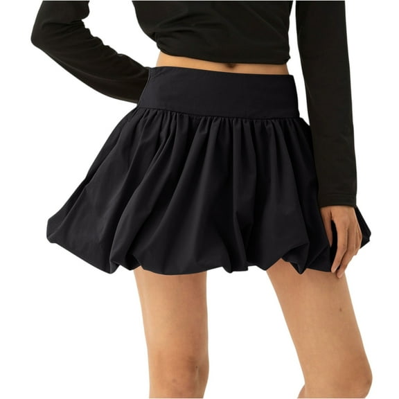 WTOBBY Women's Bubble Skirt with Ruffle Hem Pleated Detail, High Waist Puffy Streetwear A-Line Flared Skirt for Fashion Comfort and Urban Casual Outfits,Black L