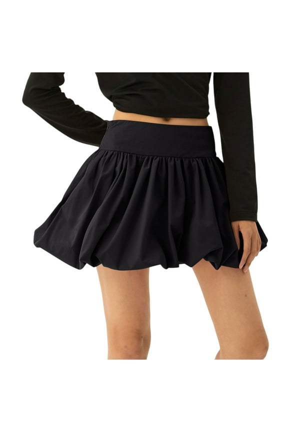 Women's Bubble Skirt with Ruffle Hem Pleated Detail, High Waist Puffy Streetwear A-Line Flared Skirt for Fashion Comfort and Urban Casual Outfits,Black L