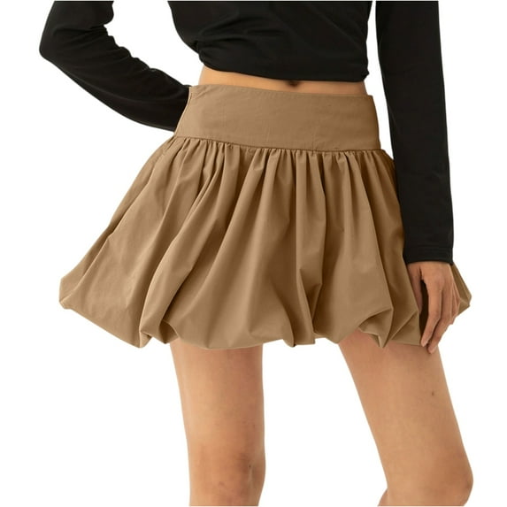 WTOBBY Women's Bubble Skirt with Ruffle Hem Pleated Detail, High Waist Puffy Streetwear A-Line Flared Skirt for Fashion Comfort and Urban Casual Outfits,Brown M