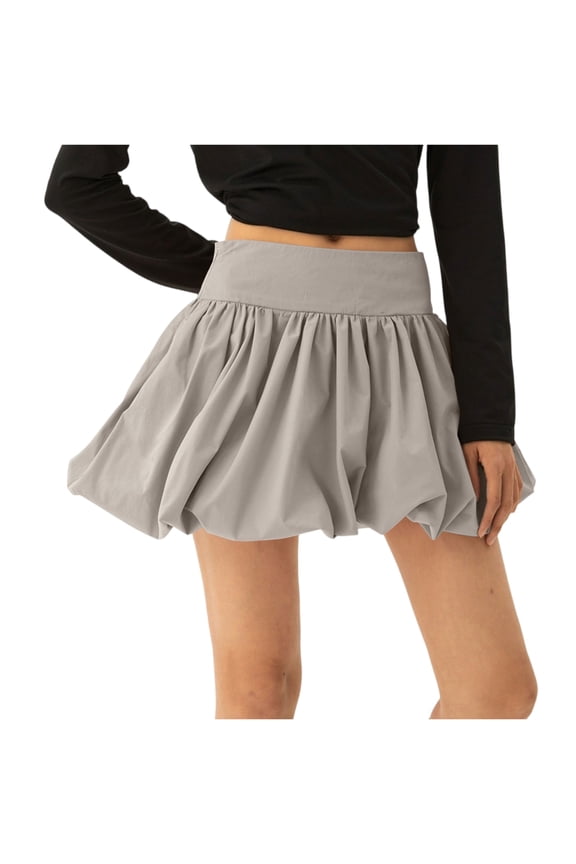 Women's Bubble Skirt with Ruffle Hem Pleated Detail, High Waist Puffy Streetwear A-Line Flared Skirt for Fashion Comfort and Urban Casual Outfits,Gray L
