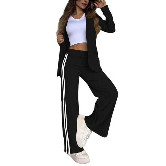 WTOBBY Women's Business Casual Two-Piece Suit, Long Coat and Wide-Leg Pants Set, Elegant Outfit for Office Work, Professional Women's Wear for Conference Meeting,Black L