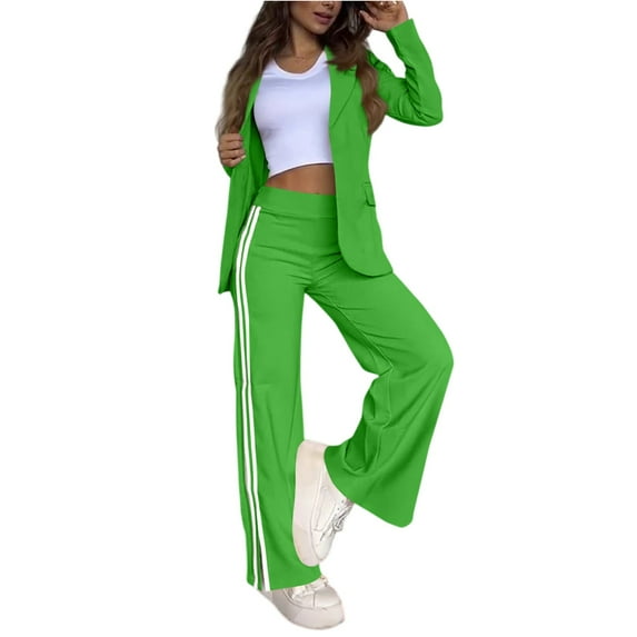 WTOBBY Women's Business Casual Two-Piece Suit, Long Coat and Wide-Leg Pants Set, Elegant Outfit for Office Work, Professional Women's Wear for Conference Meeting,Green L