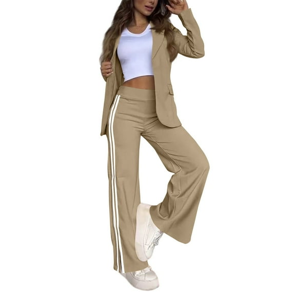WTOBBY Women's Business Casual Two-Piece Suit, Long Coat and Wide-Leg Pants Set, Elegant Outfit for Office Work, Professional Women's Wear for Conference Meeting,Khaki 2XL