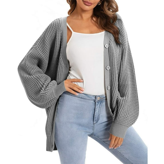 WTOBBY Women's Button-Down Knit Cardigan, Long Sleeve Oversized Sweater, Open Front Casual Coat, Soft Yarn Fabric, Comfortable Loose Fit for Fall and Winter,Gray S