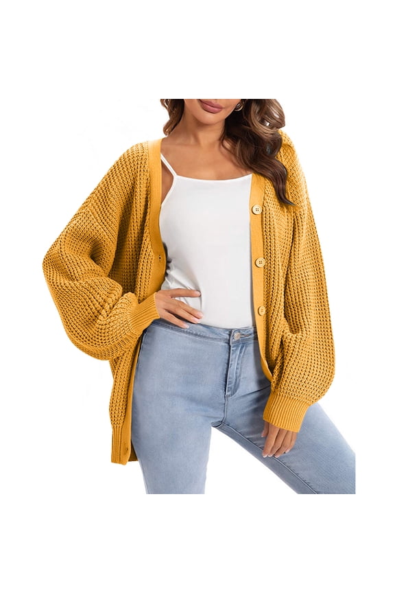 Women's Button-Down Knit Cardigan, Long Sleeve Oversized Sweater, Open Front Casual Coat, Soft Yarn Fabric, Comfortable Loose Fit for Fall and Winter,Yellow M